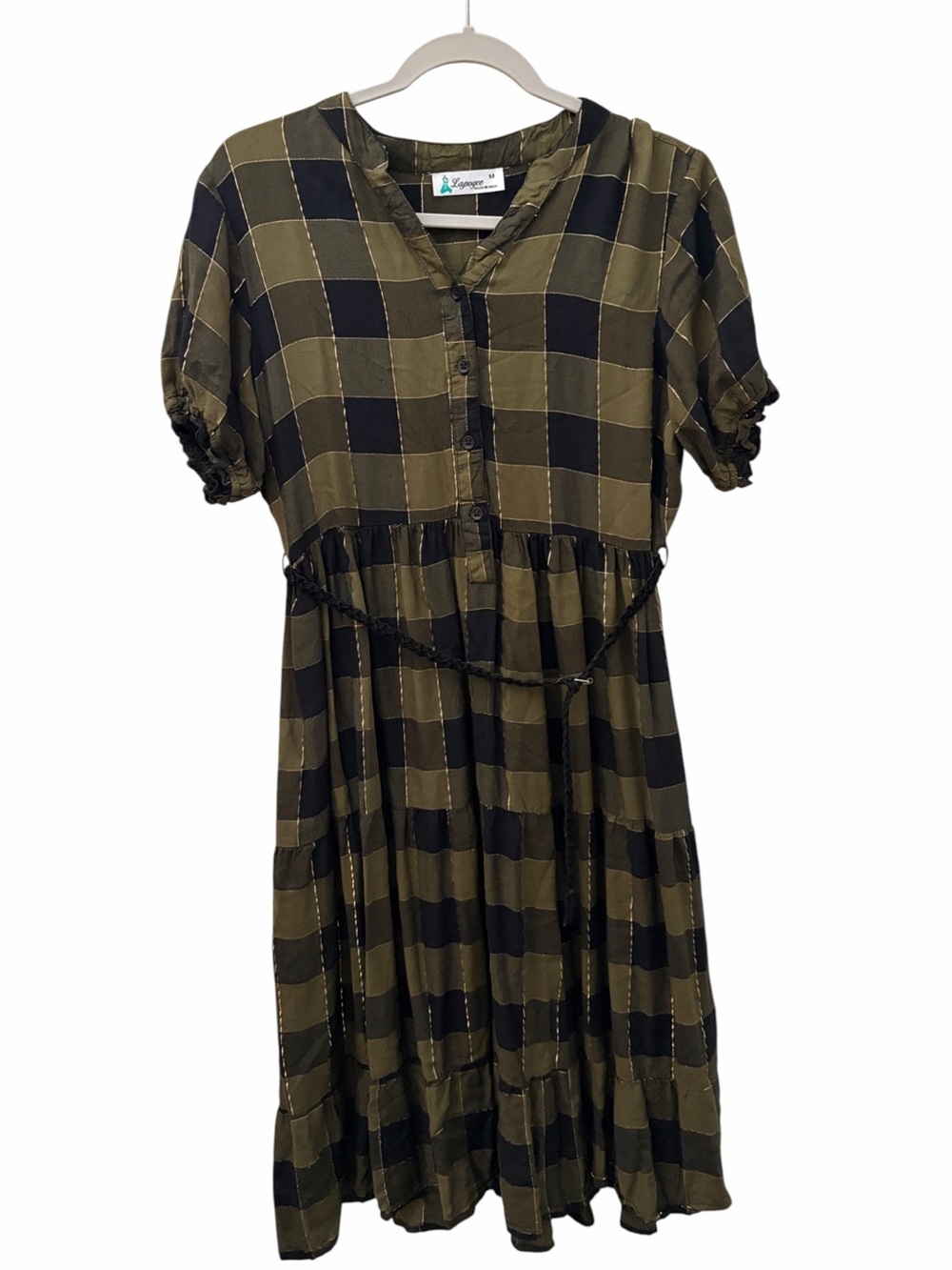 Lapogee Moody Cottage Olive Green & Black Plaid Gingham Belted Midi Dress M